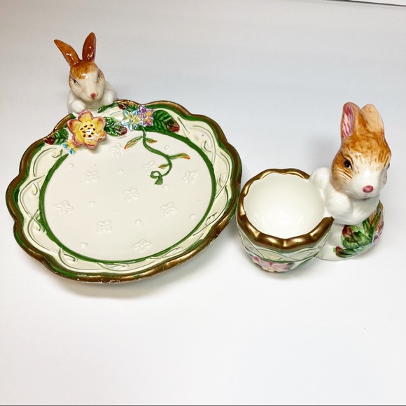 Vintage Easter Bunny Egg Cup and Plate Ceramic Set Of 2 - Picture 2 of 16